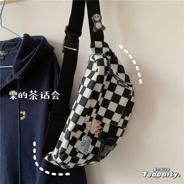 Printed Sling Bag / Charm / Set - Without - Checker - Black