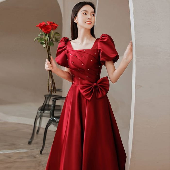 Puff-Sleeve Embellished Bow A-Line Prom Dress - Long