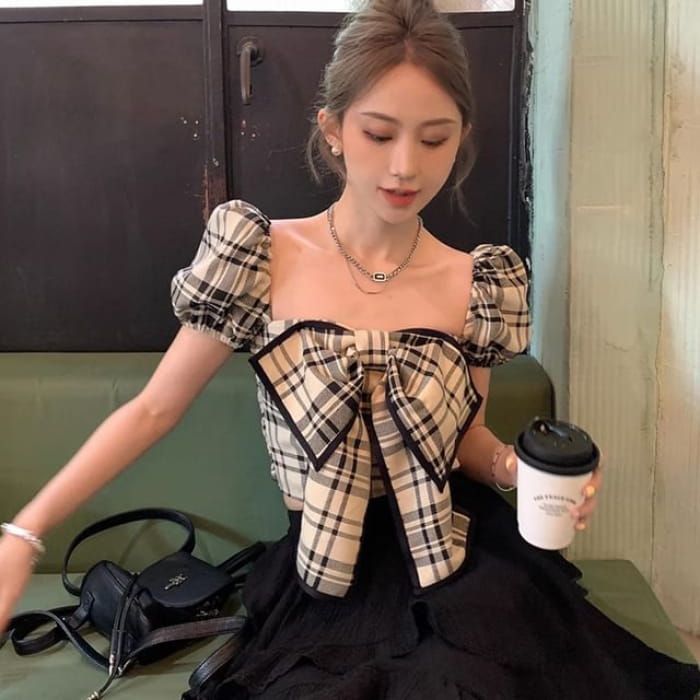 Puff Sleeve Square Neck Plaid Bow Blouse - Black / One Size