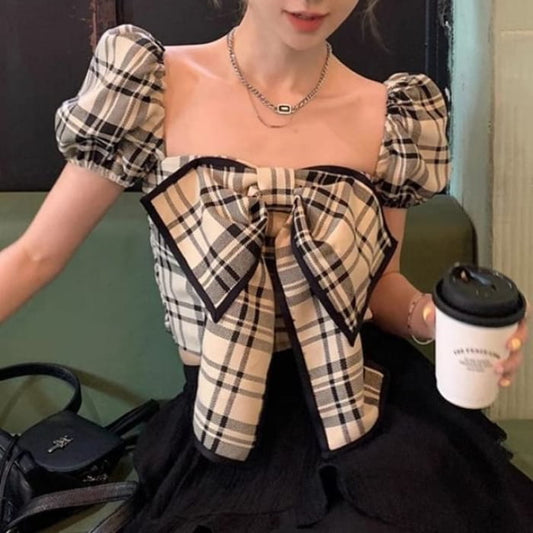 Puff Sleeve Square Neck Plaid Bow Blouse - Black / One Size