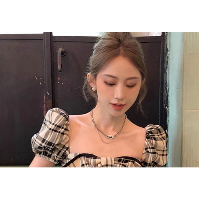 Puff Sleeve Square Neck Plaid Bow Blouse - Black / One Size