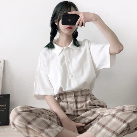 Pure Color Irregular Pocket Shirt - White / One Size