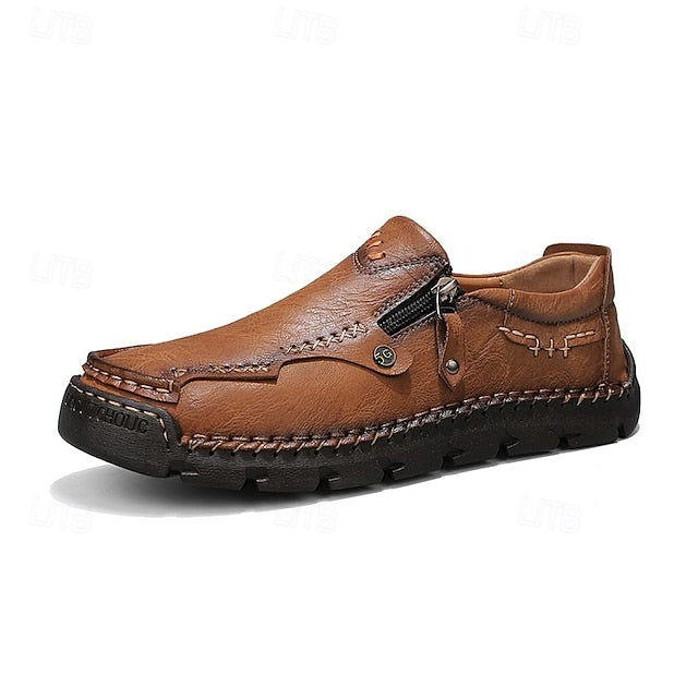 with Leather Brown Men's Side Faux Slip-On Zipper Loafers