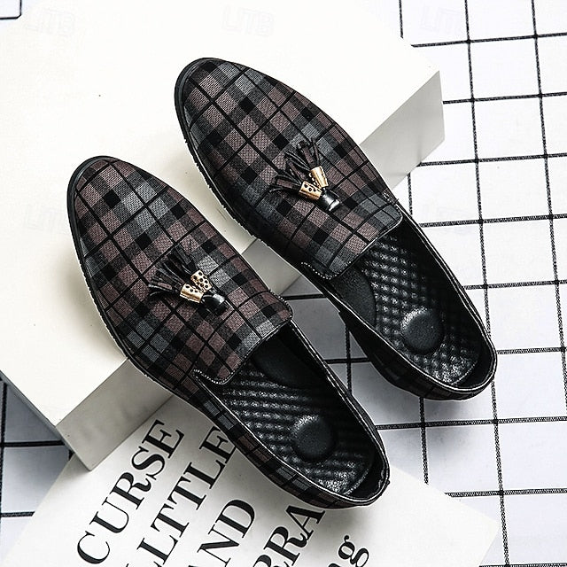 Decoration with Tassel Men's – Plaid Loafers Elegant