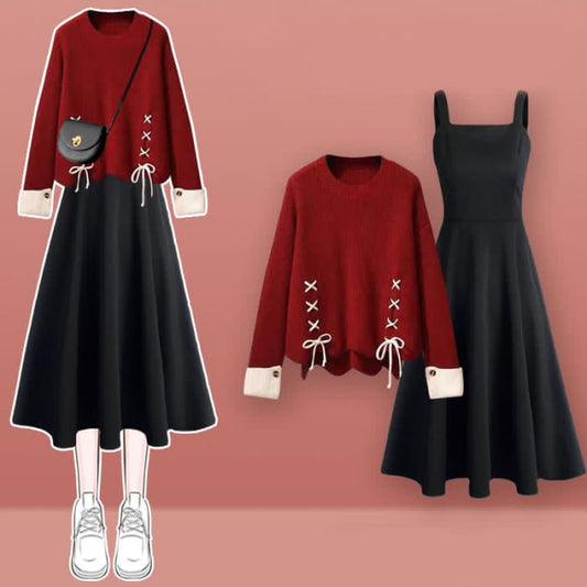 Red Bow Lace Up Knit Sweater Slip Dress Set