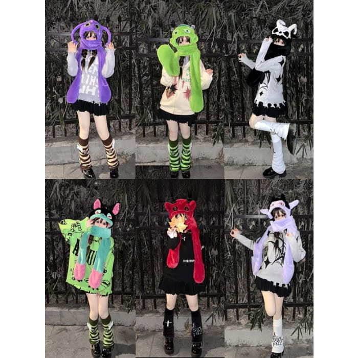 Red Devil Gothic Winter Scarf Gloves Plush Hat - Free Size