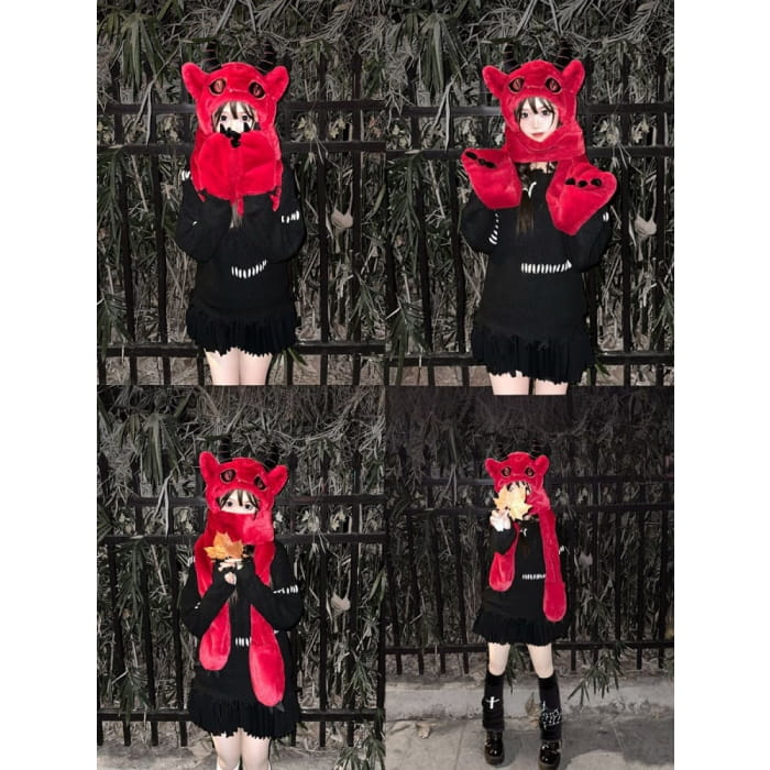 Red Devil Gothic Winter Scarf Gloves Plush Hat - Free Size