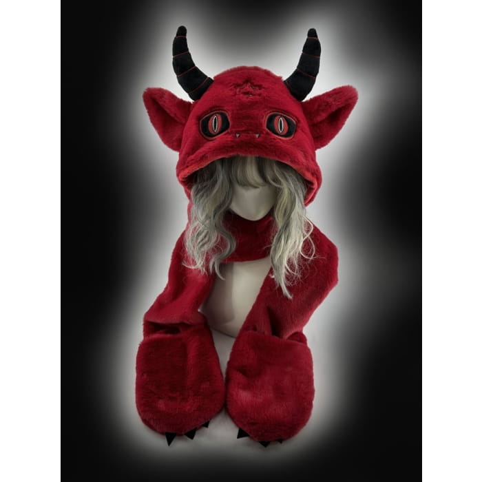 Red Devil Gothic Winter Scarf Gloves Plush Hat - Free Size