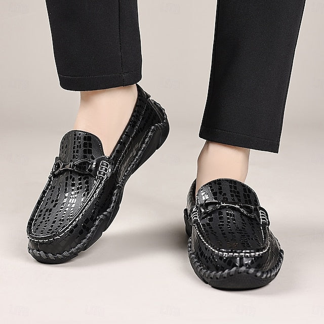 Men’s Loafers – Moc-Toe Textured Crocodile Driving Black