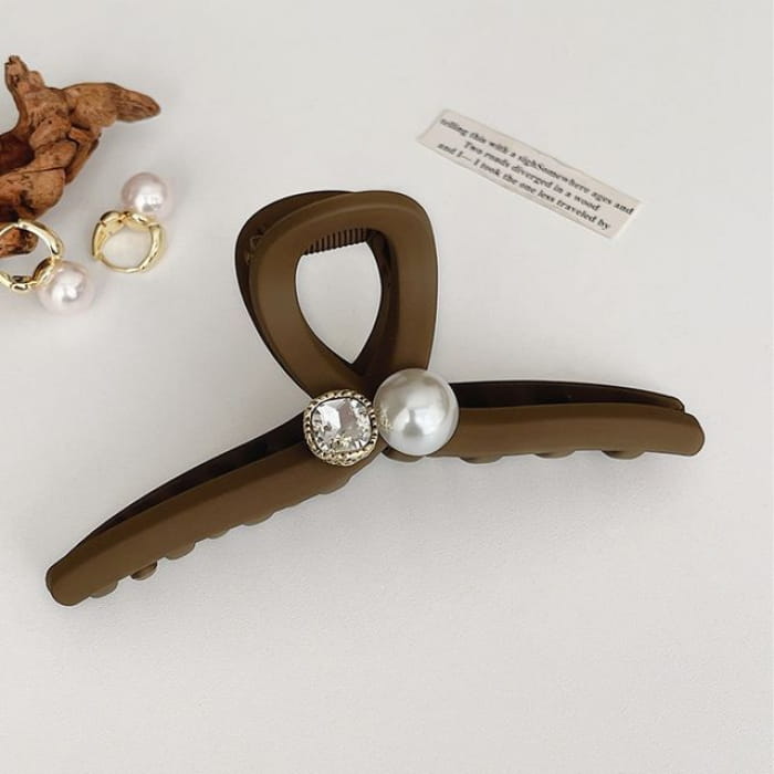 Rhinestone Faux Pearl Hair Claw - 03 - Coffee / One Size