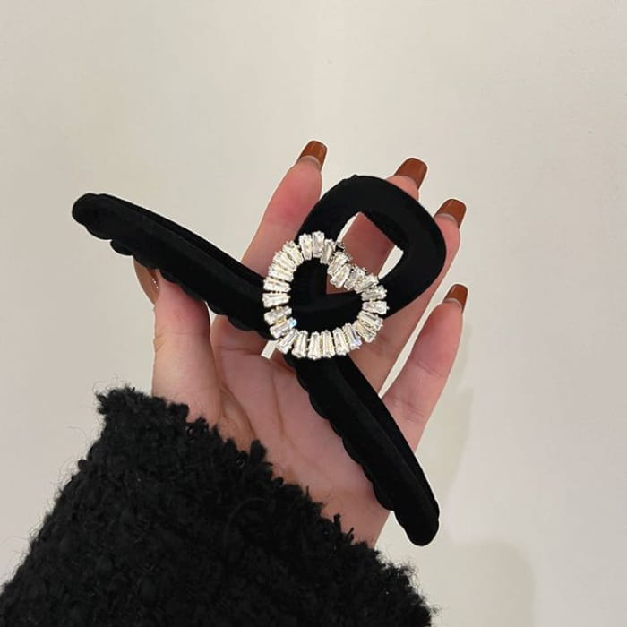 Rhinestone Velvet Headband / Hair Clamp - Heart - Black