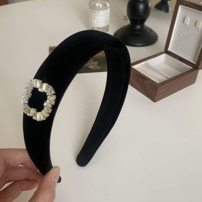 Rhinestone Velvet Headband / Hair Clamp - Square - Black