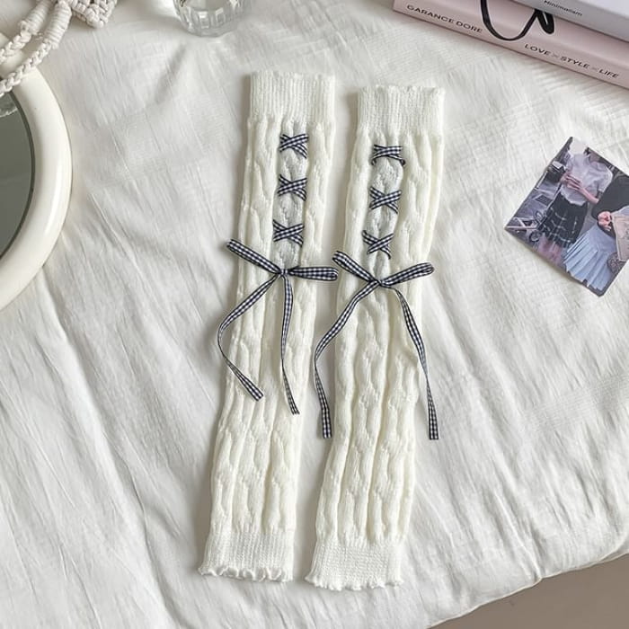 Ribbon Knit Leg Warmers - Aldult - Black & White Bow