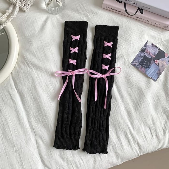 Ribbon Knit Leg Warmers - Aldult - Pink Bow - Black