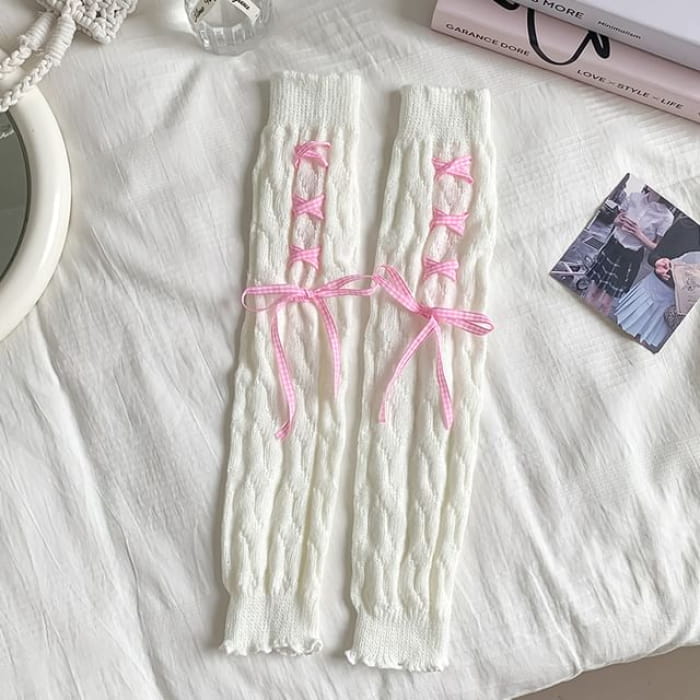 Ribbon Knit Leg Warmers - Aldult - Pink Bow - White