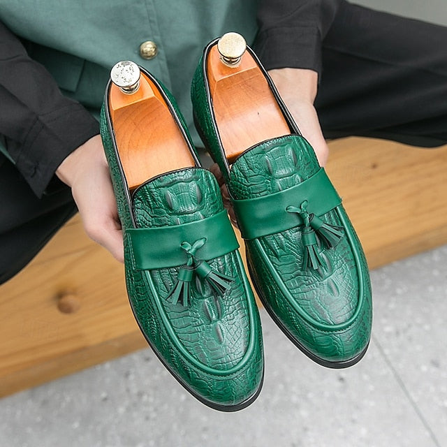 Crocodile Embossed with Faux Leather Men's Loafers Green