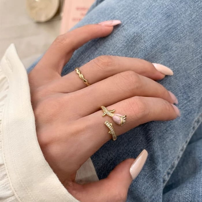 Rose Enamel Alloy Open Ring / Wavy - J4477 - Pink / One Size