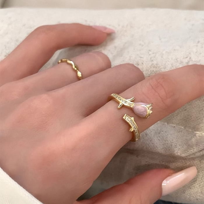 Rose Enamel Alloy Open Ring / Wavy - J4477 - Pink / One Size