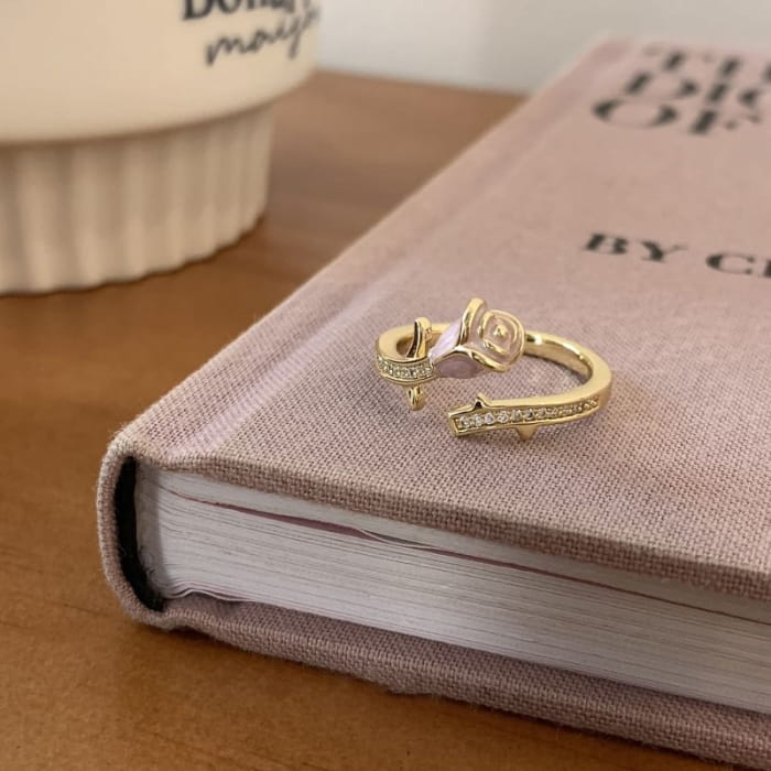 Rose Enamel Alloy Open Ring / Wavy - J4477 - Pink / One Size