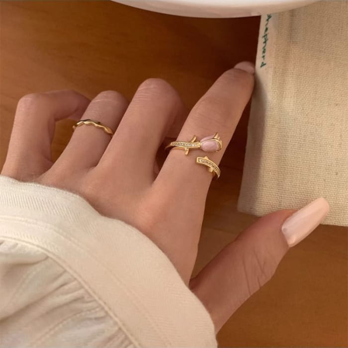 Rose Enamel Alloy Open Ring / Wavy - J4477 - Pink / One Size