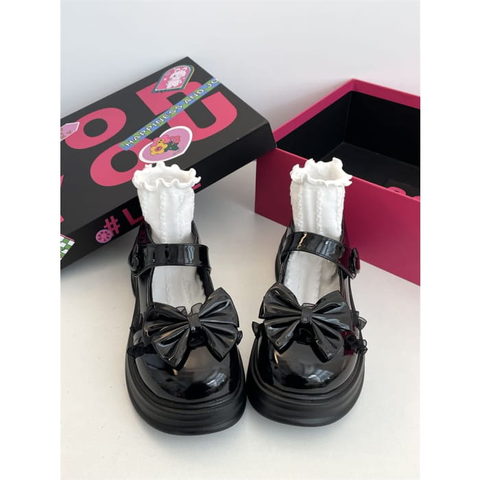 Ruffle Bow Platform Chunky Heel Mary Jane Pumps