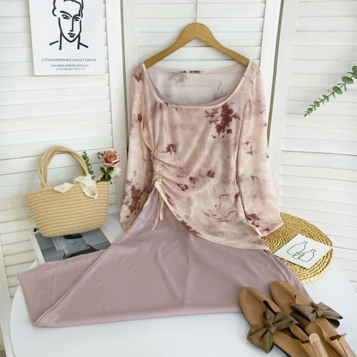 Set: Long-Sleeve Scoop Neck Tie Dye Drawstring Asymmetrical