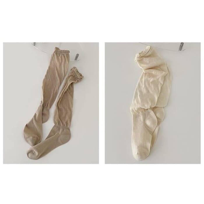 Set of 2 Pairs: Plain Shirred Socks - Of Pairs - Khaki &