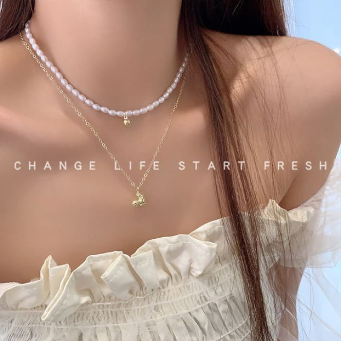 Set: Pendant Necklace + Beaded - Set of 2 - Faux Pearl &