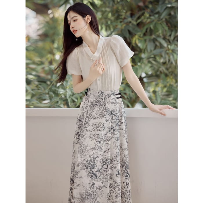 Set: Plain Camisole Top + High Waist Floral Print Midi