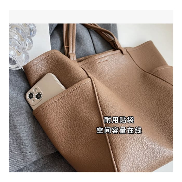 Set: Plain Faux Leather Tote Bag + Pouch