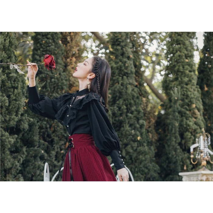 Set: Ruffled Lace Panel Blouse