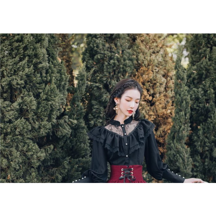 Set: Ruffled Lace Panel Blouse
