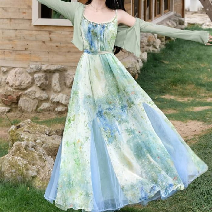 Set: Spaghetti Strap Floral Print Maxi