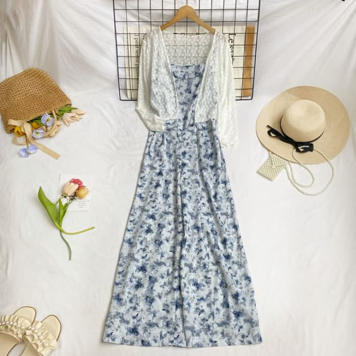 Set: Spaghetti Strap Floral Wide Leg Jumpsuit + Lace Light