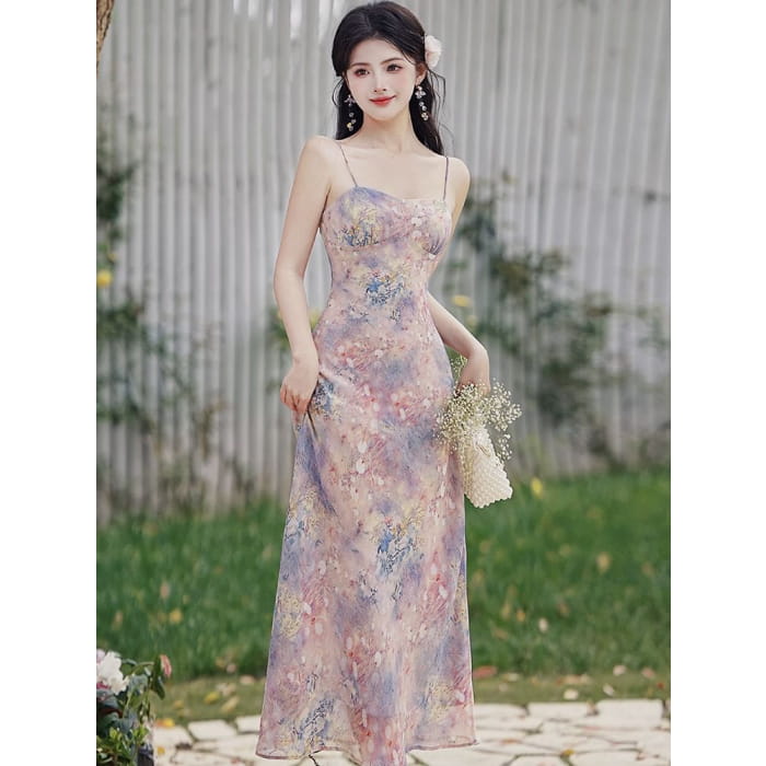 Set: Spaghetti Strap Print Maxi