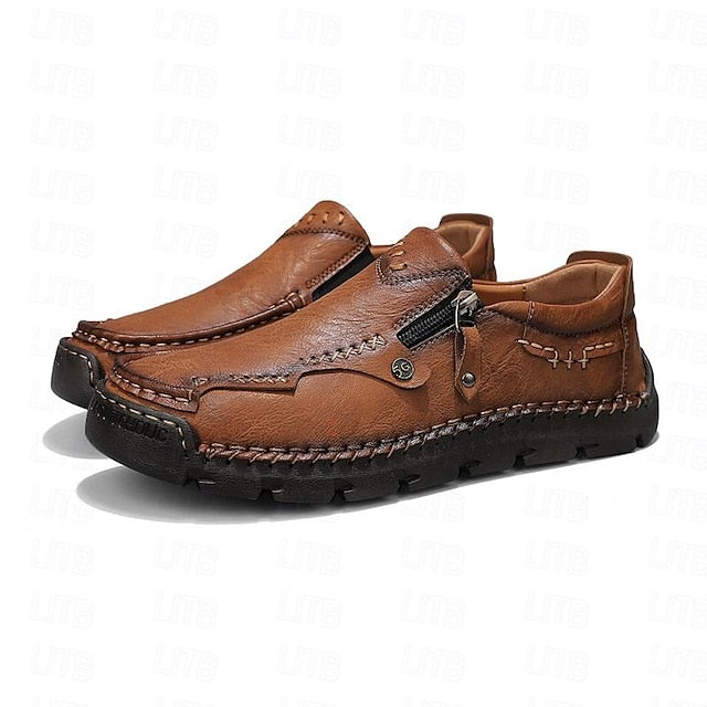 with Leather Brown Men's Side Faux Slip-On Zipper Loafers