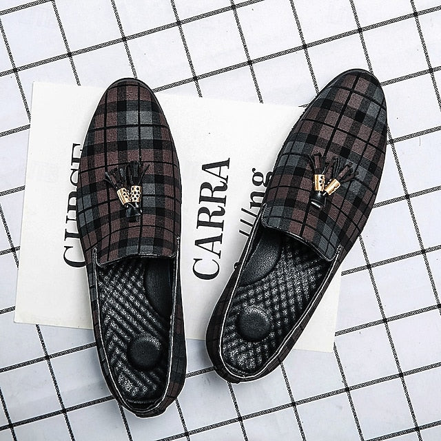Decoration with Tassel Men's – Plaid Loafers Elegant