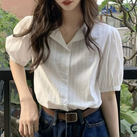 Short-Sleeve Collared Plain Blouse