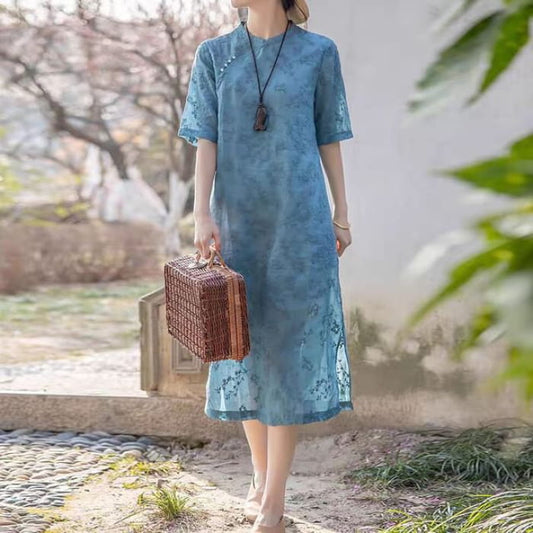 Short Sleeve Mandarin Collar Floral Embroidered Midi A-Line