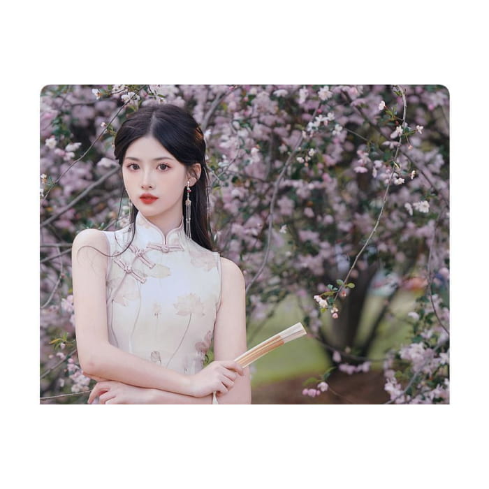 Sleeveless Floral Midi Qipao / Long Cardigan / Set