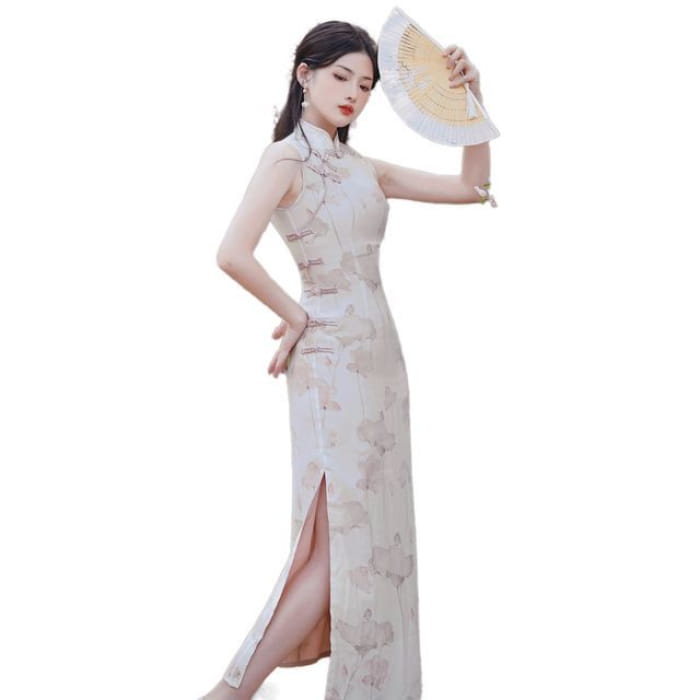 Sleeveless Floral Midi Qipao / Long Cardigan / Set - Almond