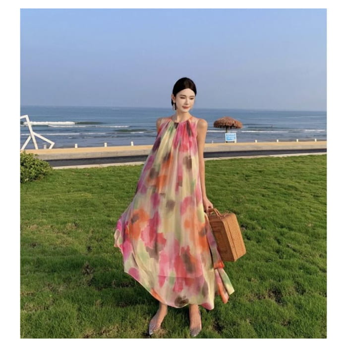 Sleeveless Round Neck Tie Dye Maxi