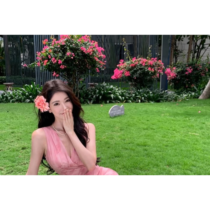 Sleeveless V-Neck Floral Print Maxi A-Line Dress