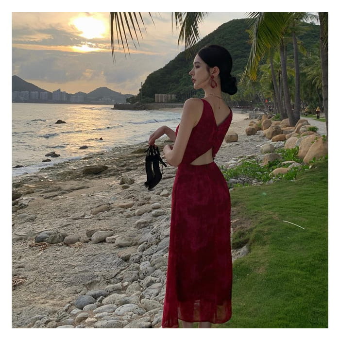 Spaghetti Strap Cowl Neck Jacquard Midi Sheath Sundress