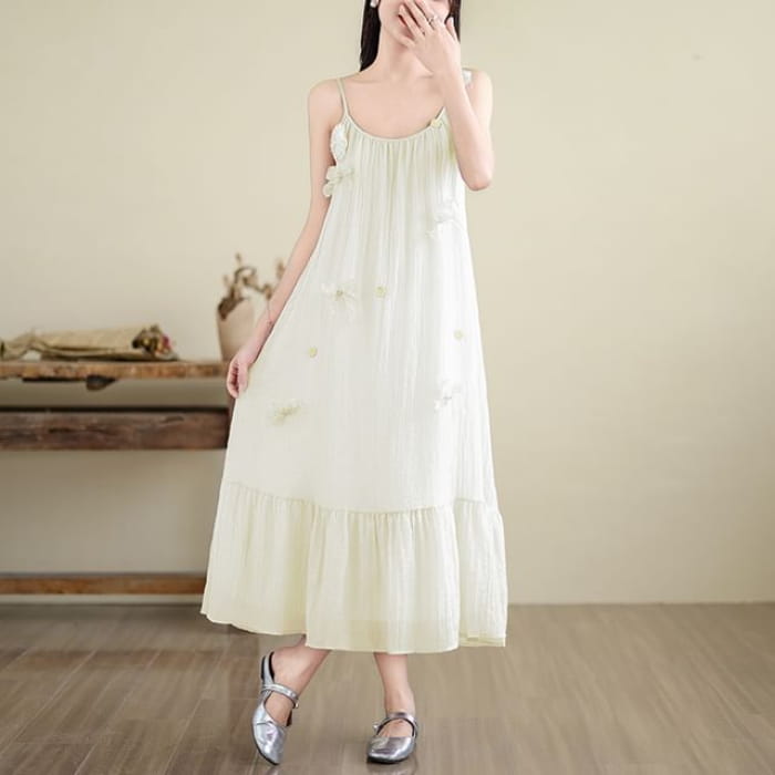 Spaghetti Strap Floral Applique Bow Ruffle Midi A-Line