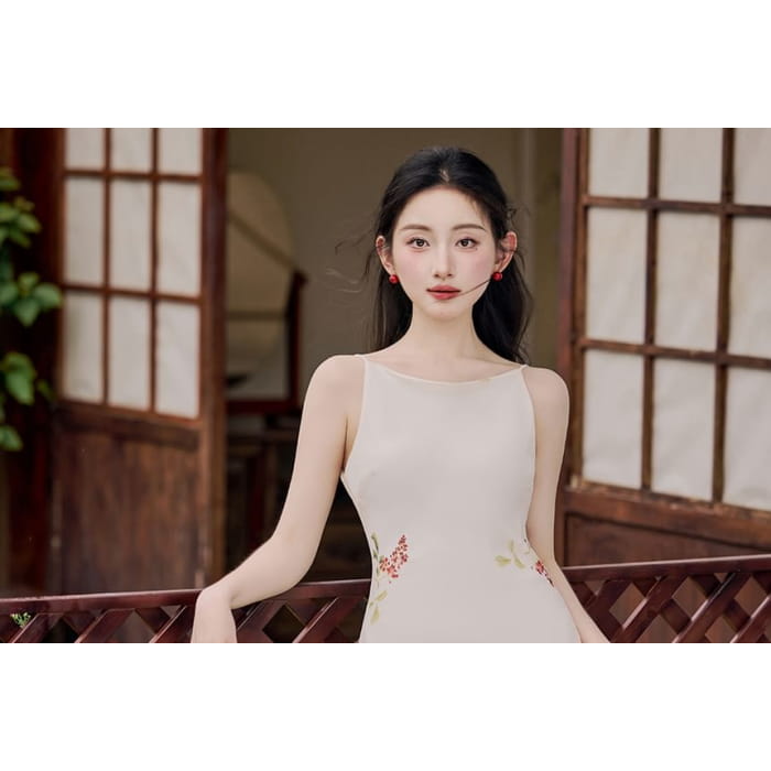 Spaghetti Strap Floral Midi Sheath Dress / Plain Tie Front