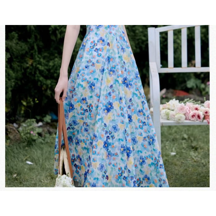 Spaghetti Strap Floral Print Midi A-Line Dress / Plain