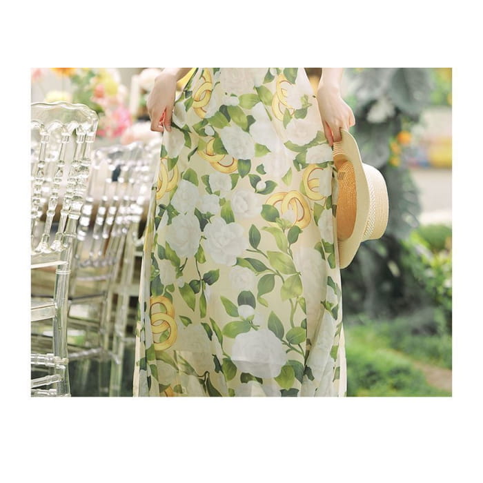 Spaghetti Strap Floral Print Ruched Maxi