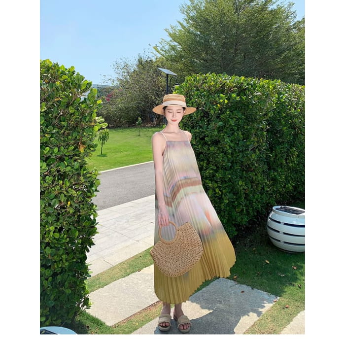 Spaghetti Strap Gradient Midi Pleated Dress