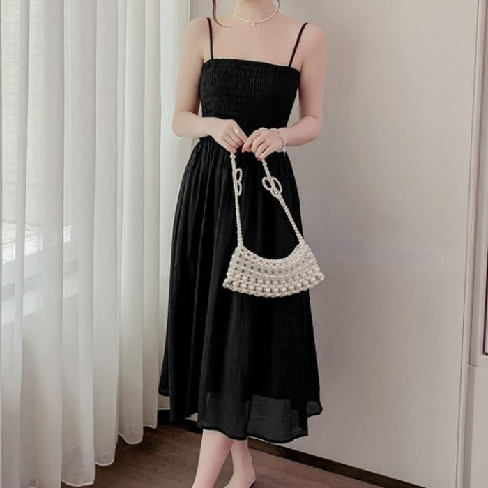 Spaghetti Strap Plain Shirred Midi A-Line Dress Cospicky Spaghetti Strap Plain Shirred Midi A-Line Dress Cospicky